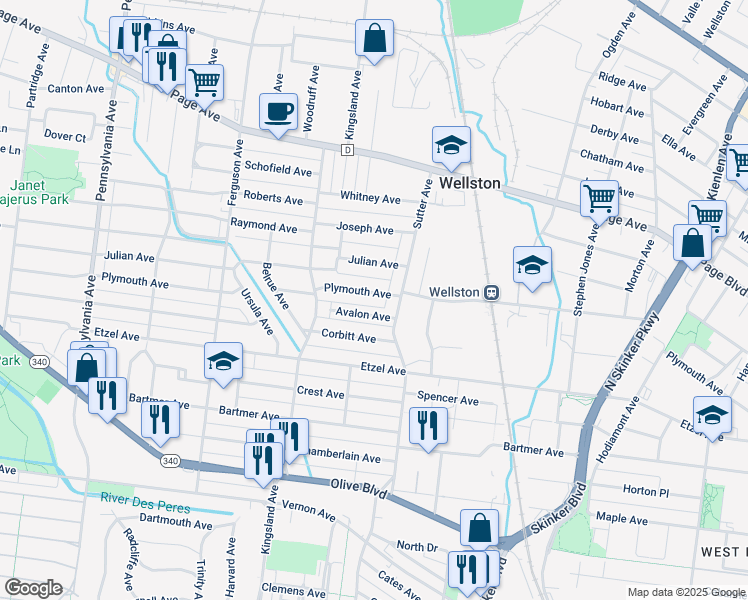 map of restaurants, bars, coffee shops, grocery stores, and more near 6518 Plymouth Avenue in University City