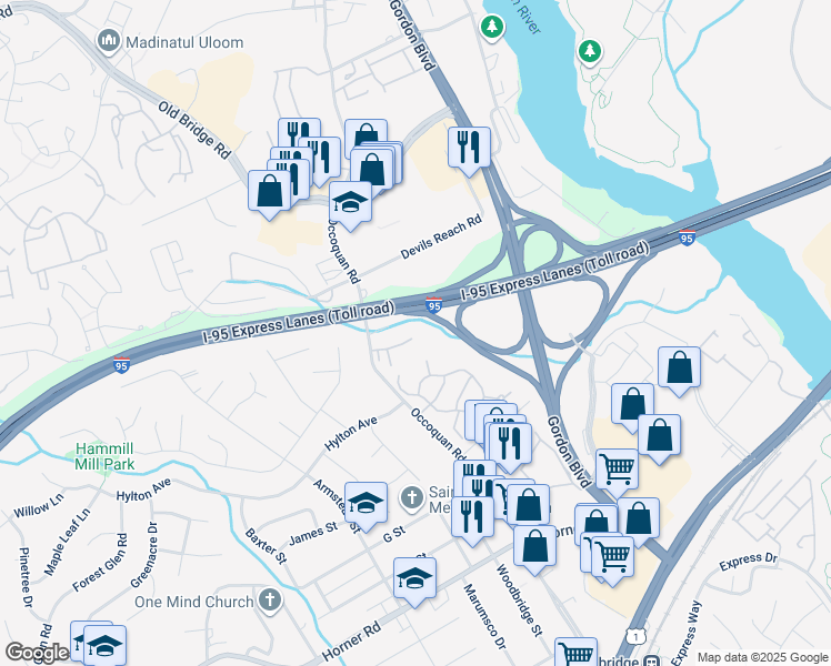 map of restaurants, bars, coffee shops, grocery stores, and more near 1402 Deerfield Lane in Woodbridge