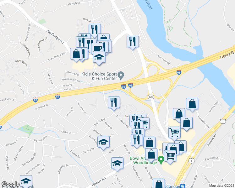 map of restaurants, bars, coffee shops, grocery stores, and more near 1402 Deerfield Lane in Woodbridge