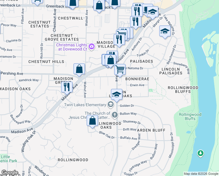 map of restaurants, bars, coffee shops, grocery stores, and more near 5621 Main Avenue in Orangevale