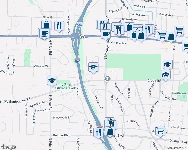 map of restaurants, bars, coffee shops, grocery stores, and more near 8631 Old Bonhomme Road in St. Louis
