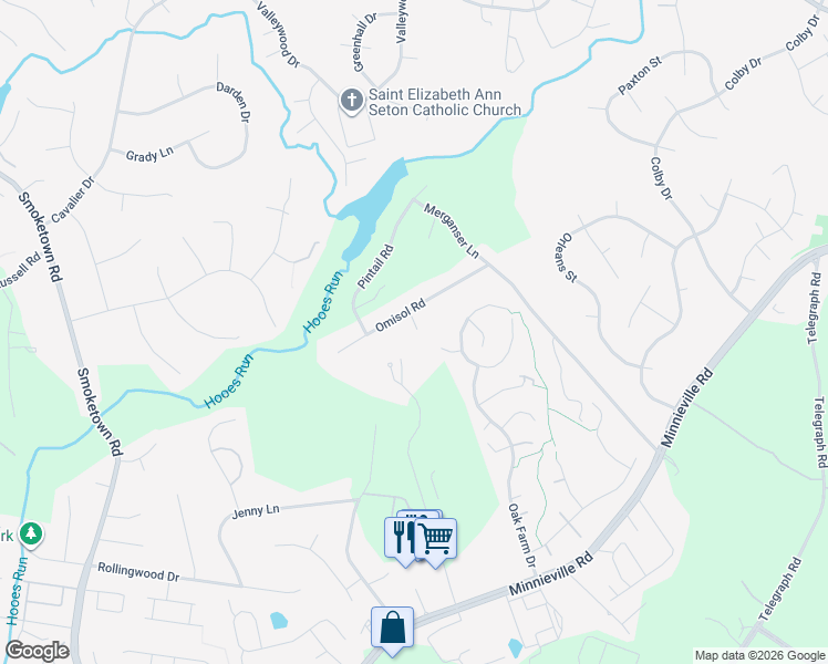 map of restaurants, bars, coffee shops, grocery stores, and more near 2721 Omisol Road in Woodbridge
