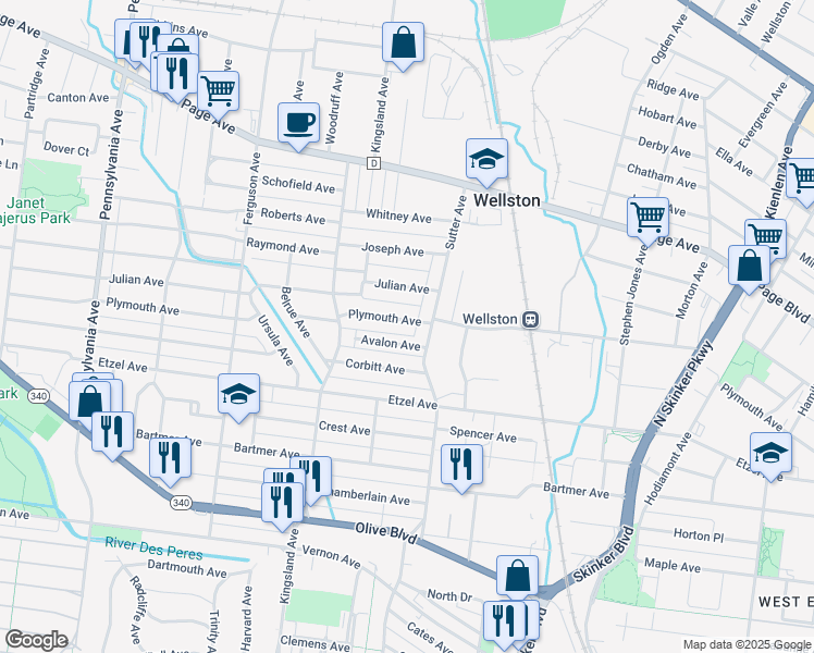 map of restaurants, bars, coffee shops, grocery stores, and more near 6514 Plymouth Avenue in University City
