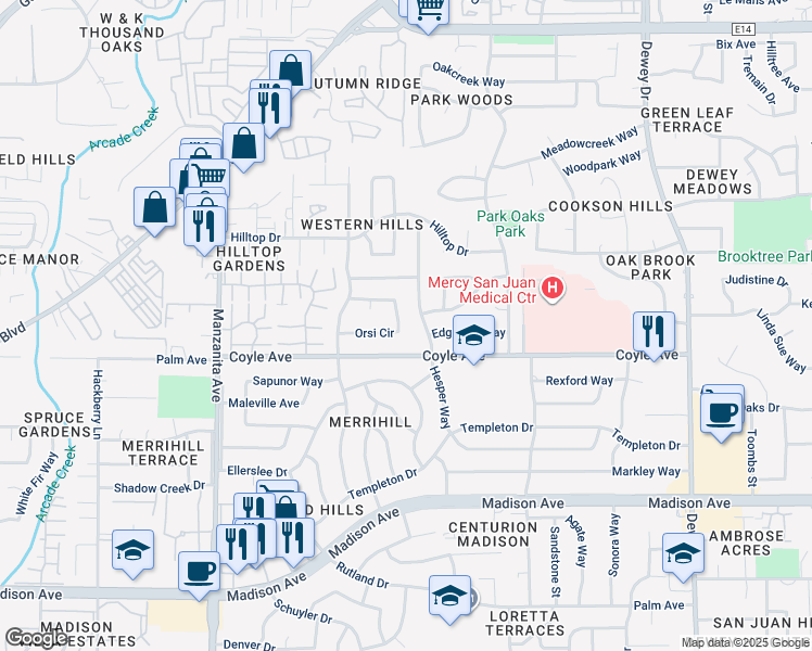 map of restaurants, bars, coffee shops, grocery stores, and more near 6178 Orsi Circle in Carmichael