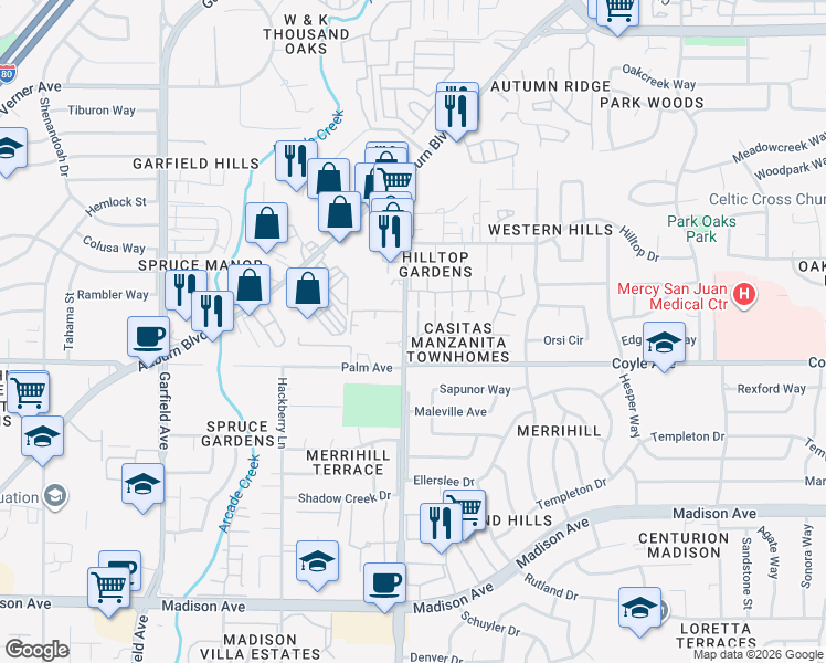 map of restaurants, bars, coffee shops, grocery stores, and more near 5904 Manzanita Avenue in Carmichael