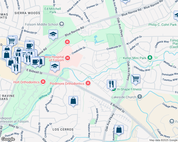 map of restaurants, bars, coffee shops, grocery stores, and more near Humbug Willow Creek Trail in Folsom