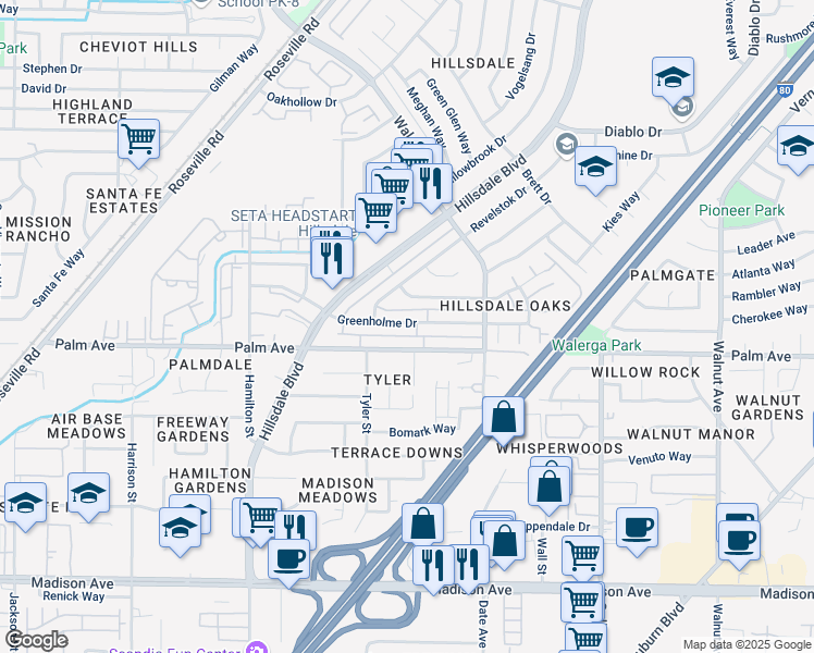 map of restaurants, bars, coffee shops, grocery stores, and more near 4537 Palm Avenue in Sacramento