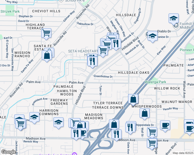 map of restaurants, bars, coffee shops, grocery stores, and more near 4417 Palm Avenue in Sacramento