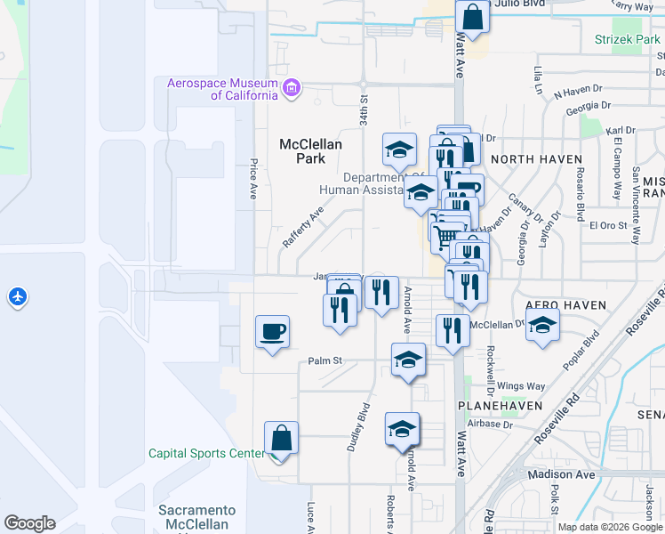 map of restaurants, bars, coffee shops, grocery stores, and more near 3201 James Way in McClellan Park