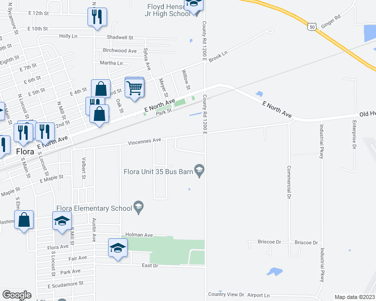 map of restaurants, bars, coffee shops, grocery stores, and more near 811 Meadowview Drive in Flora