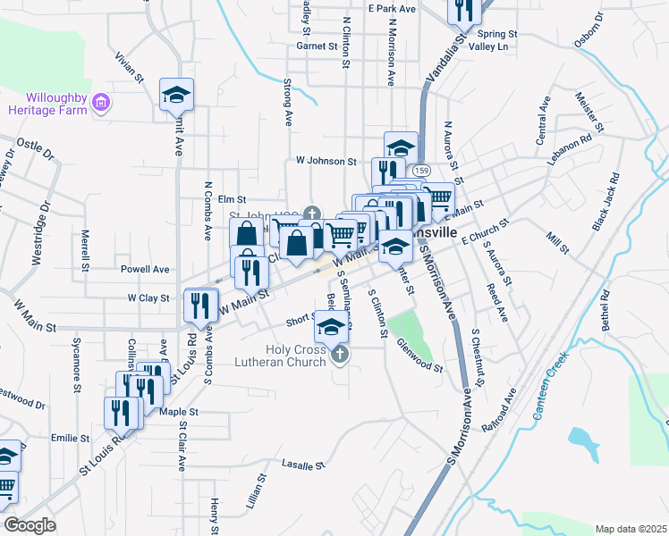 map of restaurants, bars, coffee shops, grocery stores, and more near 201 Beidler Street in Collinsville