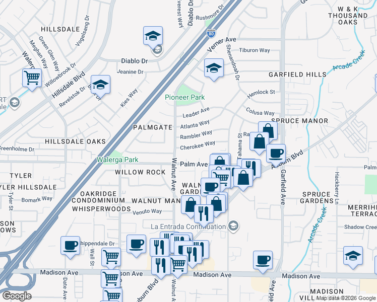 map of restaurants, bars, coffee shops, grocery stores, and more near 5605 Page Court in Sacramento