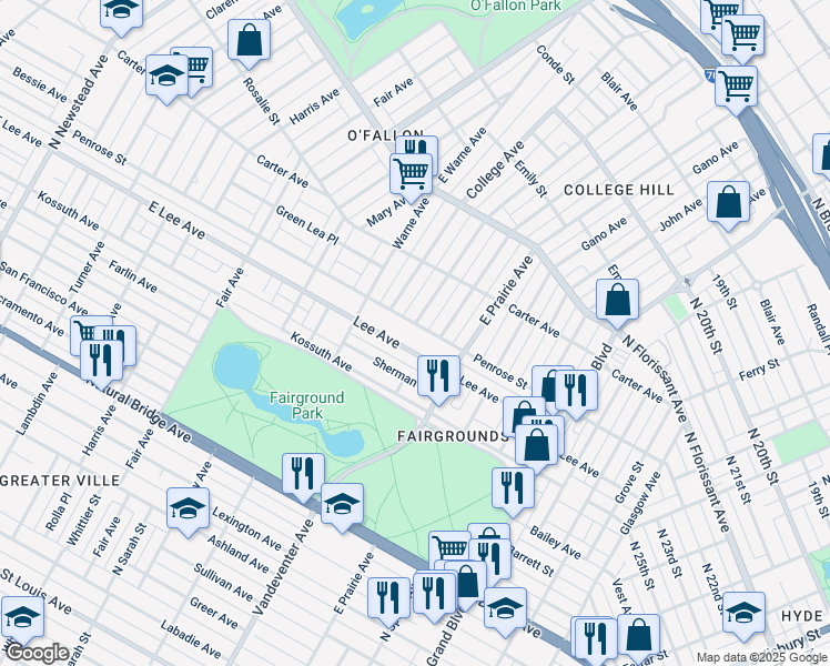 map of restaurants, bars, coffee shops, grocery stores, and more near 3842 West Lee Avenue in St. Louis
