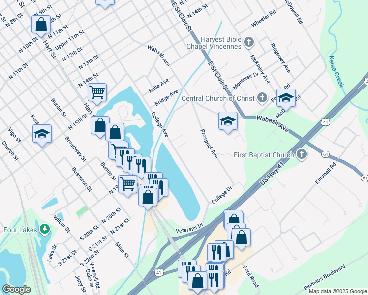 map of restaurants, bars, coffee shops, grocery stores, and more near 1910 College Avenue in Vincennes