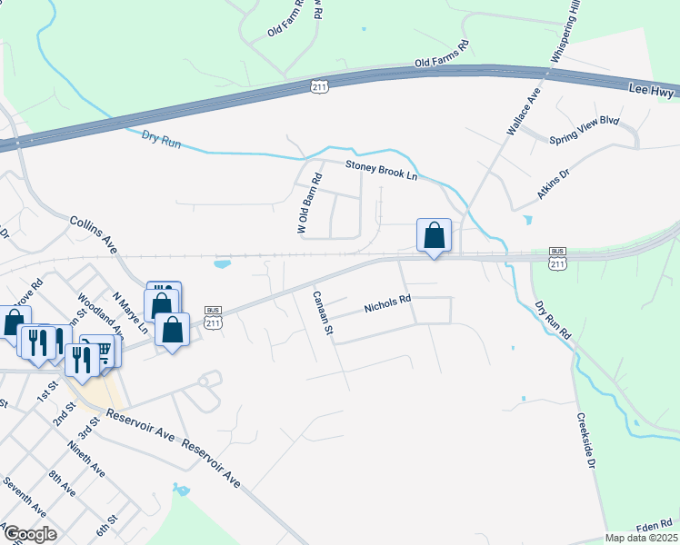 map of restaurants, bars, coffee shops, grocery stores, and more near 1234 East Main Street in Luray
