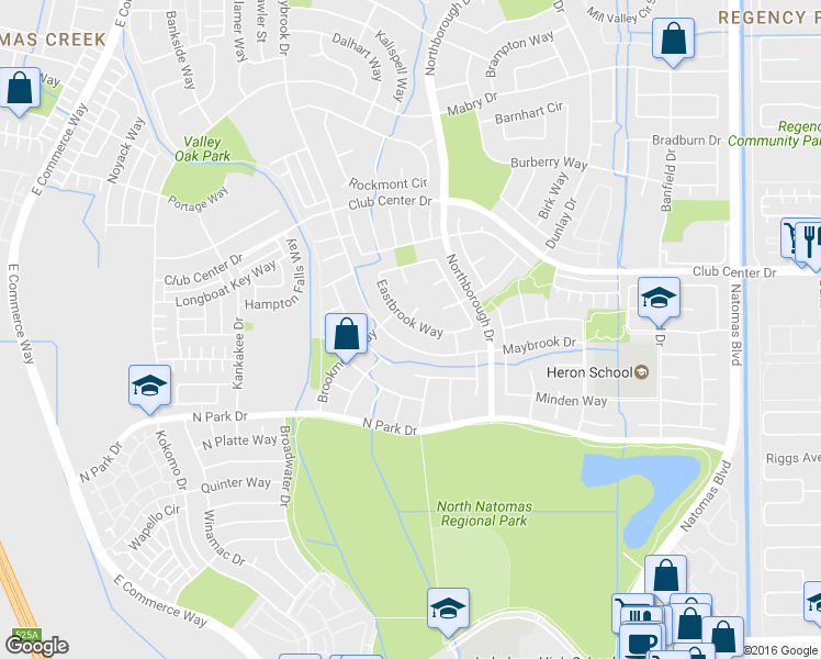 map of restaurants, bars, coffee shops, grocery stores, and more near 500 Eastbrook Cir in Sacramento