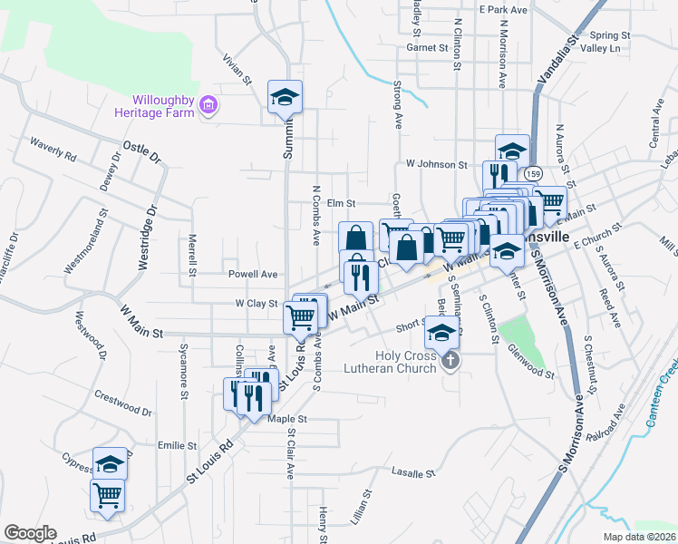map of restaurants, bars, coffee shops, grocery stores, and more near 622 West Clay Street in Collinsville