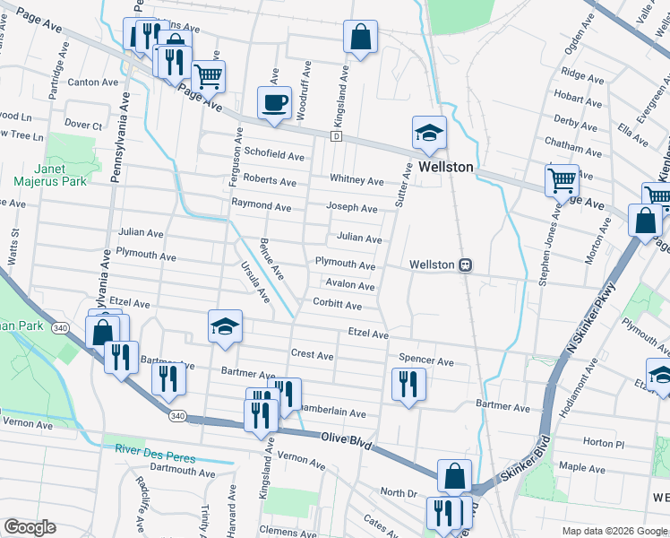 map of restaurants, bars, coffee shops, grocery stores, and more near 6547 Avalon Avenue in University City