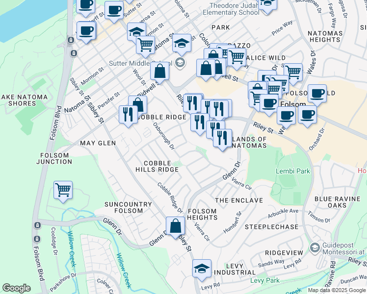 map of restaurants, bars, coffee shops, grocery stores, and more near 138 Oxburough Drive in Folsom