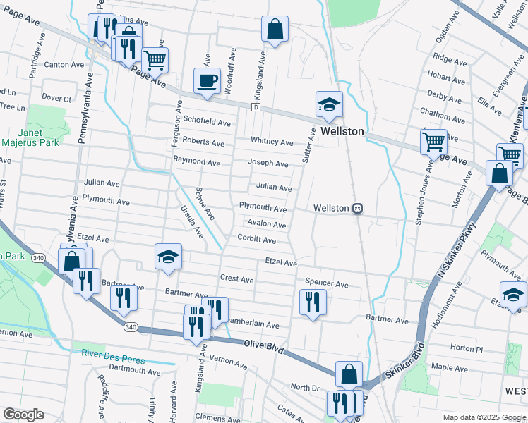 map of restaurants, bars, coffee shops, grocery stores, and more near 6530 Plymouth Avenue in University City
