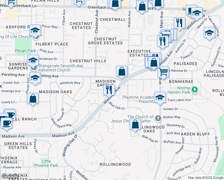 map of restaurants, bars, coffee shops, grocery stores, and more near 9256 Castlemont Circle in Orangevale
