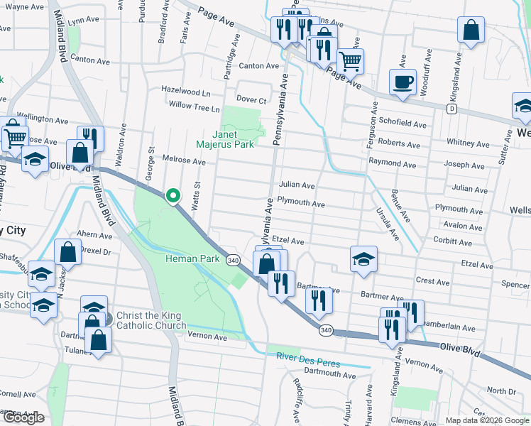 map of restaurants, bars, coffee shops, grocery stores, and more near 7019 Arcadia Avenue in University City