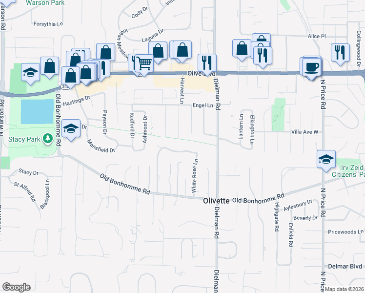 map of restaurants, bars, coffee shops, grocery stores, and more near 9466 Bonhomme Woods Drive in Olivette