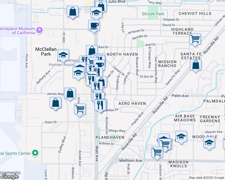 map of restaurants, bars, coffee shops, grocery stores, and more near 3651 A Street in North Highlands