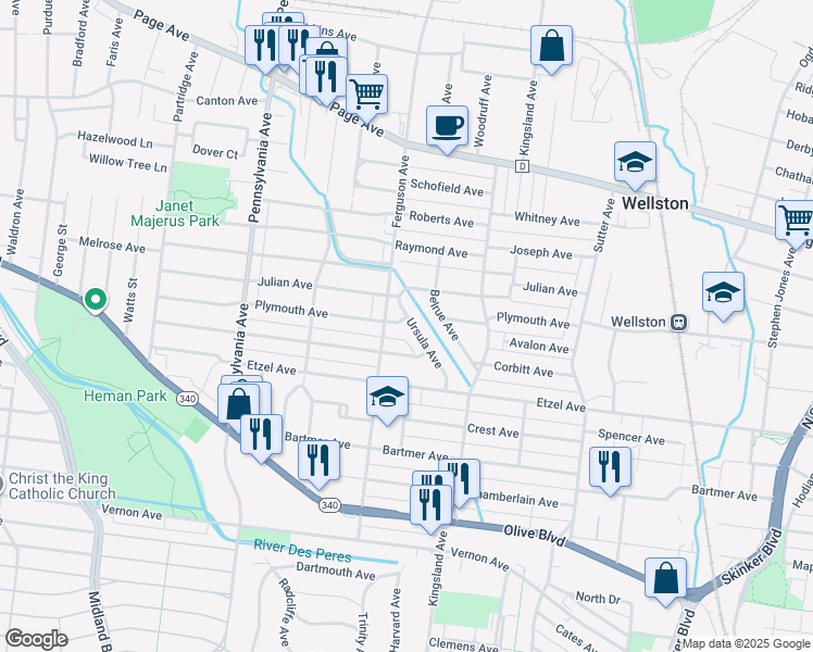 map of restaurants, bars, coffee shops, grocery stores, and more near 1169 Ursula Avenue in University City