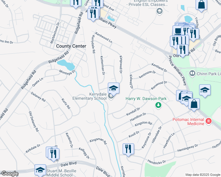 map of restaurants, bars, coffee shops, grocery stores, and more near 13031 Kingswell Drive in Woodbridge