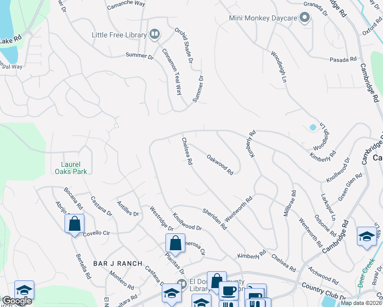 map of restaurants, bars, coffee shops, grocery stores, and more near 3524 Chelsea Road in Cameron Park