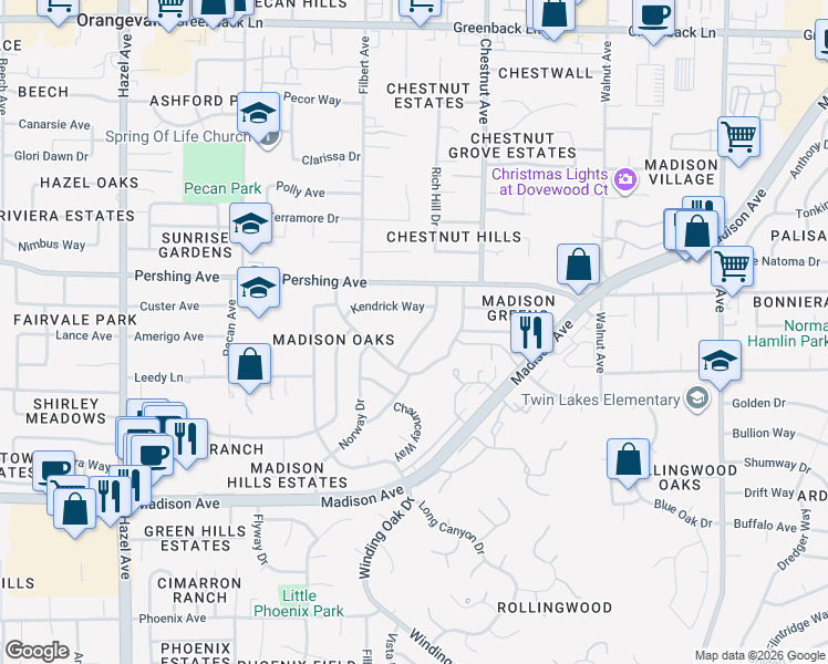 map of restaurants, bars, coffee shops, grocery stores, and more near 5621 Greenacres Way in Orangevale