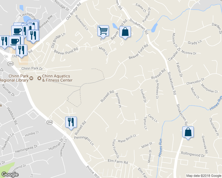 map of restaurants, bars, coffee shops, grocery stores, and more near 3700 Russell Road in Woodbridge