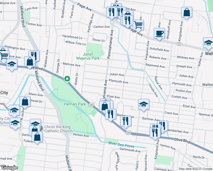 map of restaurants, bars, coffee shops, grocery stores, and more near 6957 Corbitt Avenue in St. Louis