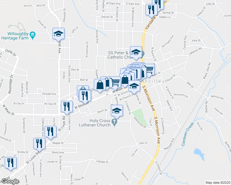 map of restaurants, bars, coffee shops, grocery stores, and more near 198 South Seminary Street in Collinsville