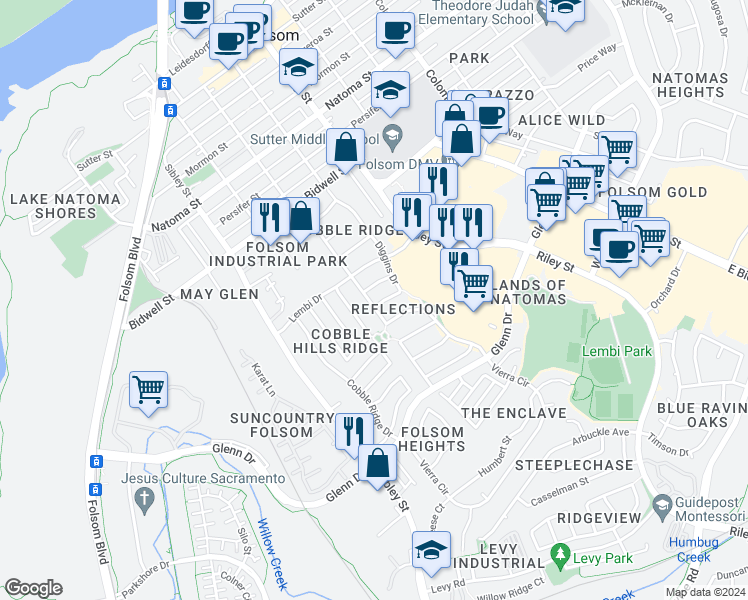 map of restaurants, bars, coffee shops, grocery stores, and more near 115 Diggins Drive in Folsom