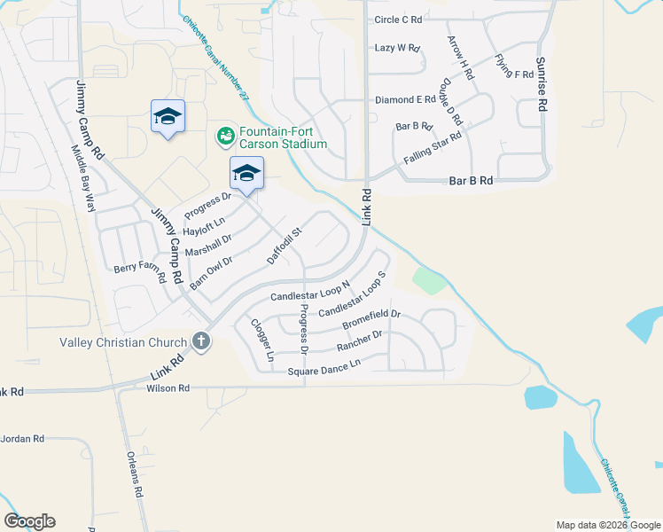 map of restaurants, bars, coffee shops, grocery stores, and more near 983 Daffodil Street in Fountain