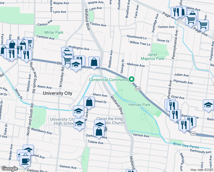 map of restaurants, bars, coffee shops, grocery stores, and more near 1140 Midland Boulevard in University City