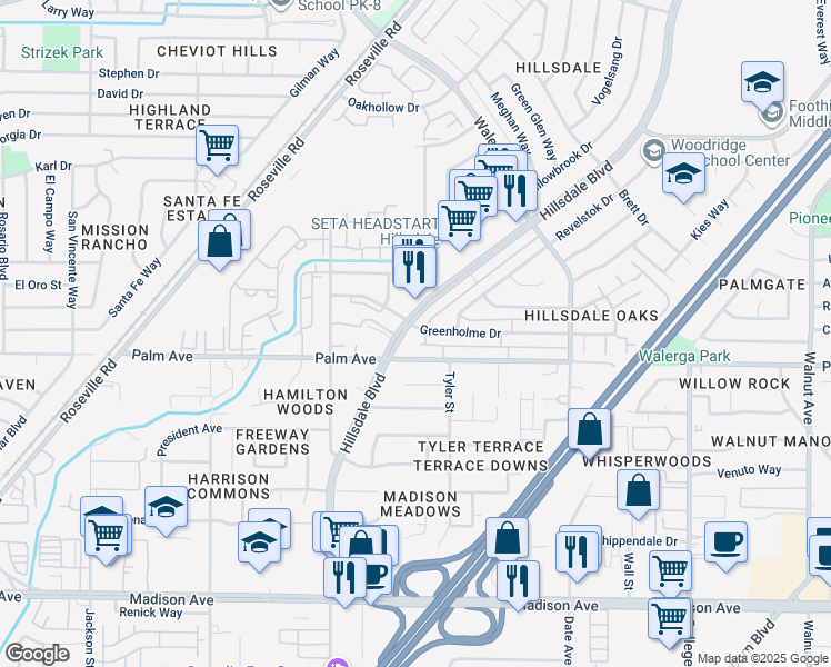 map of restaurants, bars, coffee shops, grocery stores, and more near 4417 Palm Avenue in Sacramento