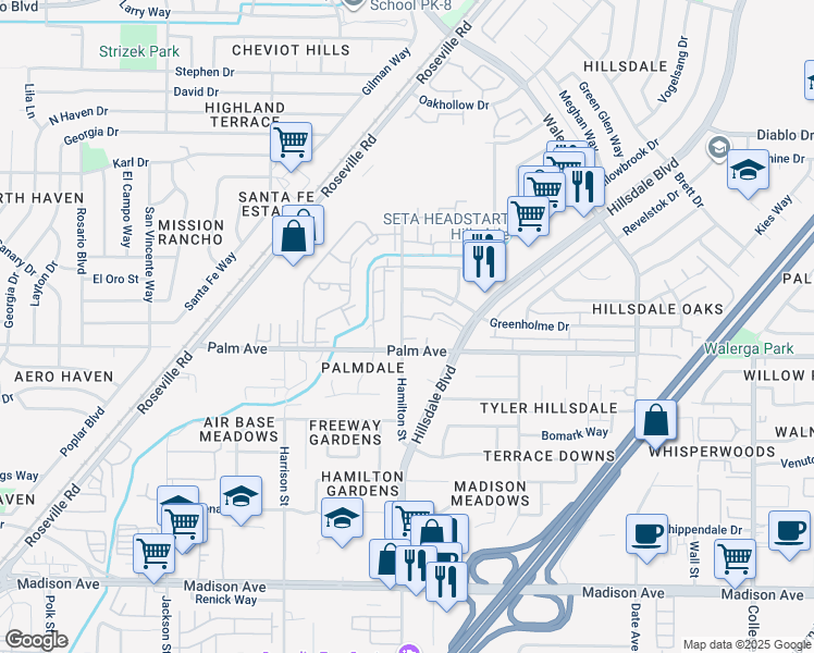 map of restaurants, bars, coffee shops, grocery stores, and more near 4315 Palm Avenue in Sacramento