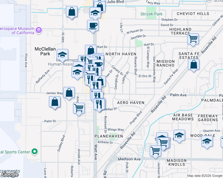 map of restaurants, bars, coffee shops, grocery stores, and more near 3651 A Street in North Highlands