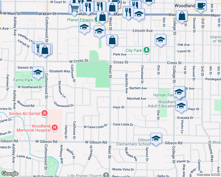 map of restaurants, bars, coffee shops, grocery stores, and more near 10 Southwood Drive in Woodland