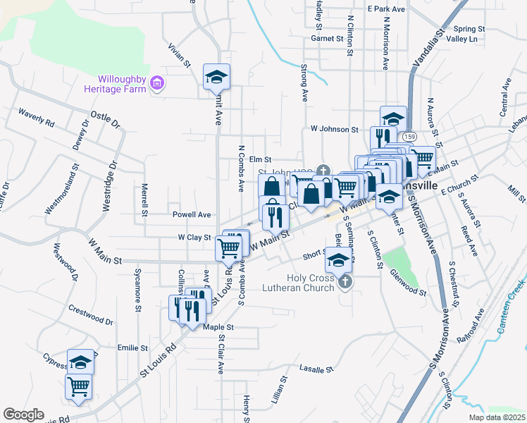 map of restaurants, bars, coffee shops, grocery stores, and more near 622 West Clay Street in Collinsville