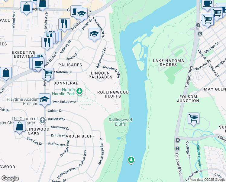 map of restaurants, bars, coffee shops, grocery stores, and more near 9728 Snowberry Way in Orangevale