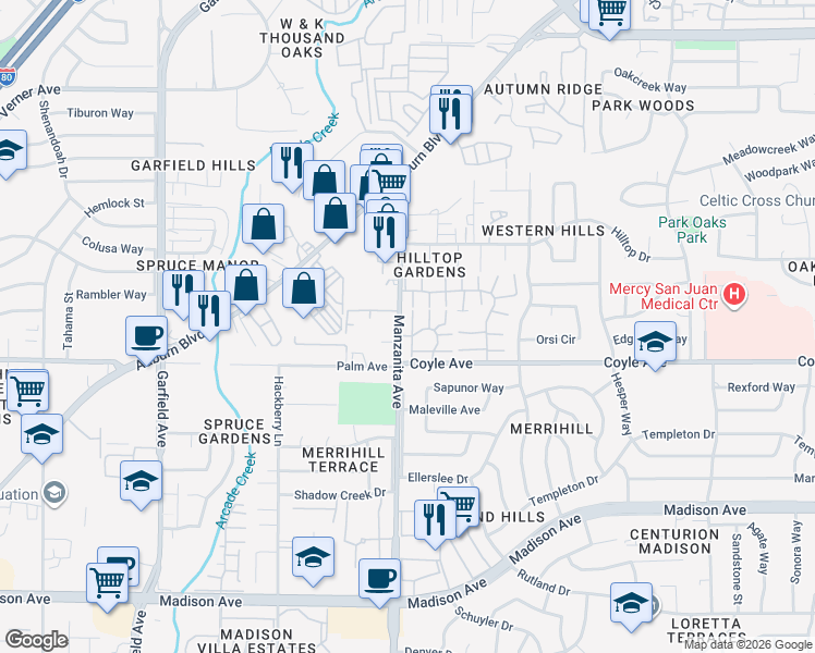 map of restaurants, bars, coffee shops, grocery stores, and more near 5904 Manzanita Avenue in Carmichael