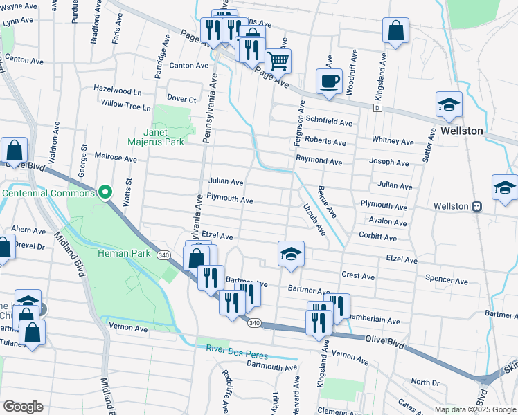 map of restaurants, bars, coffee shops, grocery stores, and more near 6845 Corbitt Avenue in University City
