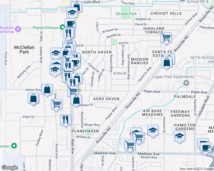 map of restaurants, bars, coffee shops, grocery stores, and more near 5608 Canary Drive in North Highlands