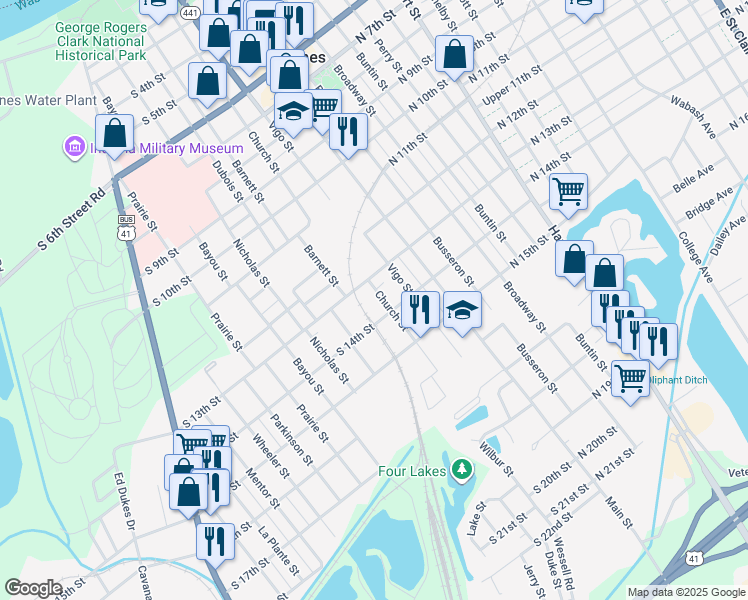 map of restaurants, bars, coffee shops, grocery stores, and more near 215-299 South 14th Street in Vincennes