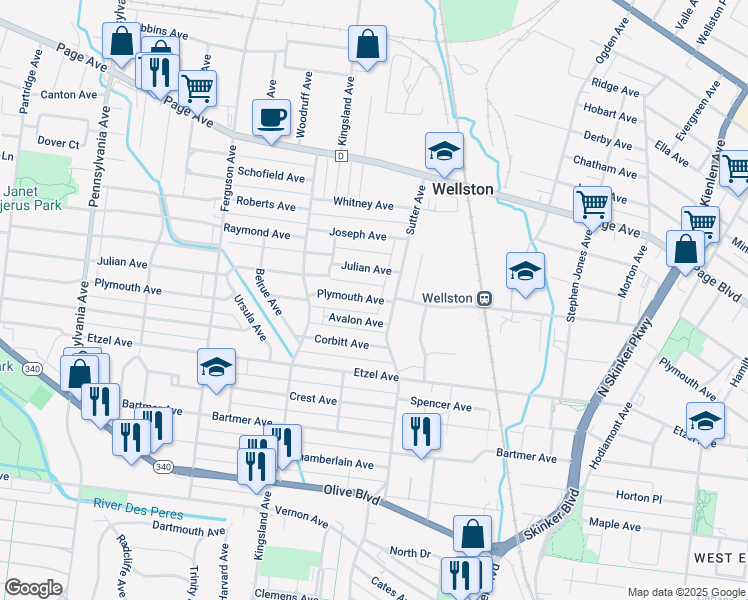 map of restaurants, bars, coffee shops, grocery stores, and more near 6516 Plymouth Avenue in University City