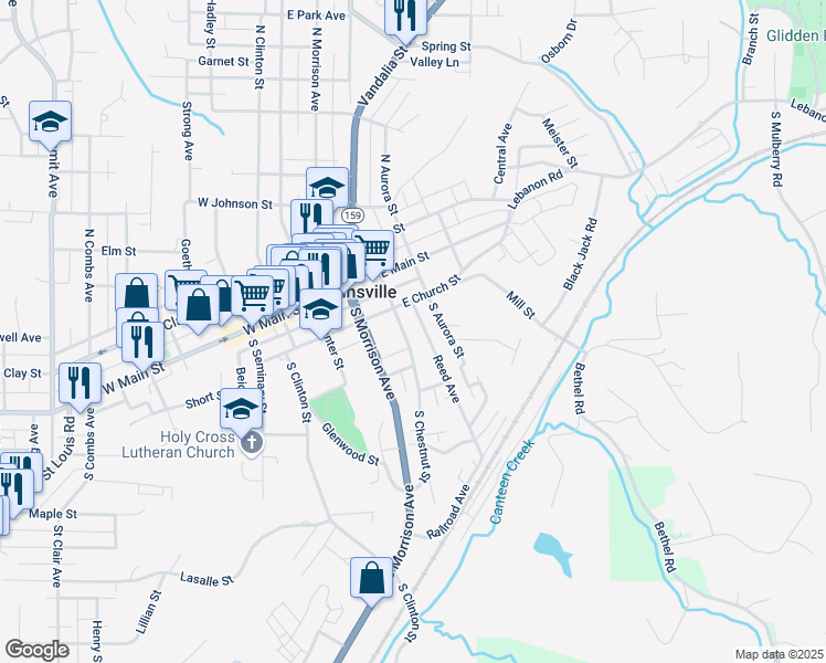 map of restaurants, bars, coffee shops, grocery stores, and more near 400 South Chestnut Street in Collinsville